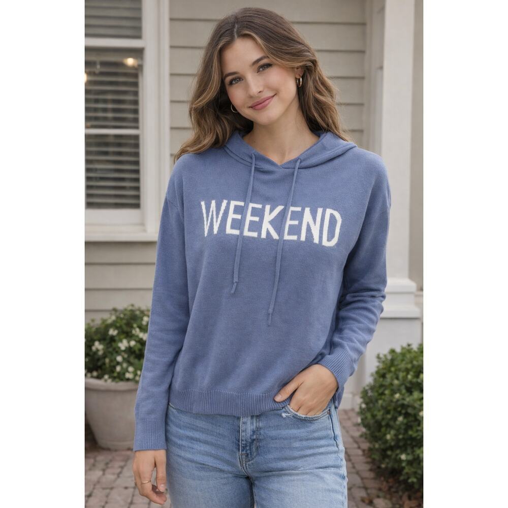 Rachel Zoe “Weekend” Blue Knit Hoodie Sweater Size M Soft Cashmere Blend Lounge